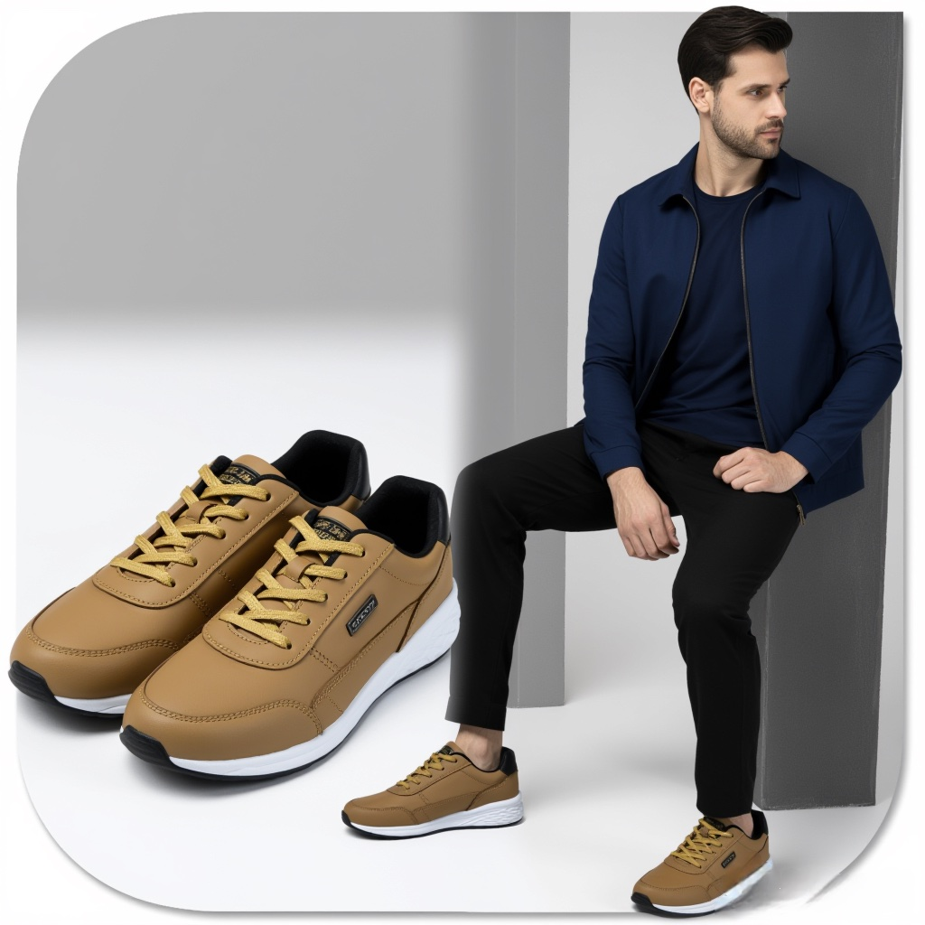 Άντρας με καφέ sneakers σε φωτογραφία καμπάνιας